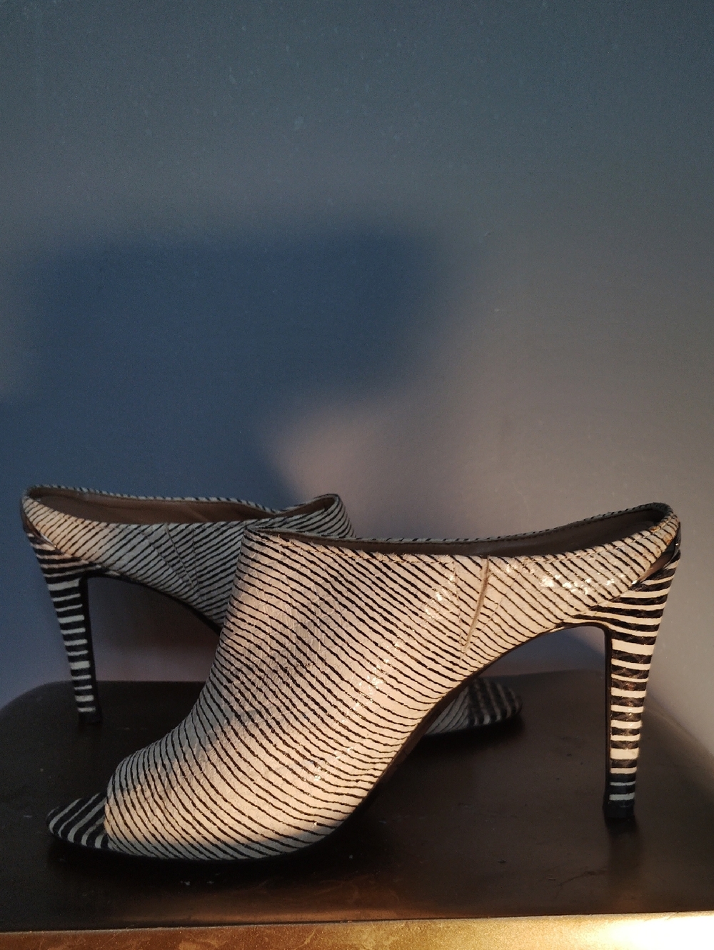 Calvin Klein Striped Open-Toe Mule Heels in Black and White 7